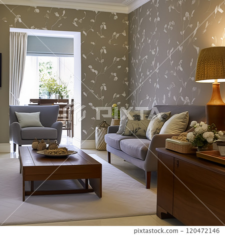 Lounge room decor, interior design and house improvement, living room with floral wallpaper, furniture, sofa and home decor, country cottage style, post-processed, generative ai 120472146