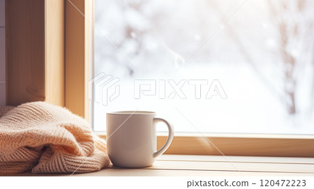 Winter holidays, calm and cosy home, cup of tea or coffee mug and knitted blanket near window in the English countryside cottage, holiday atmosphere inspiration 120472223