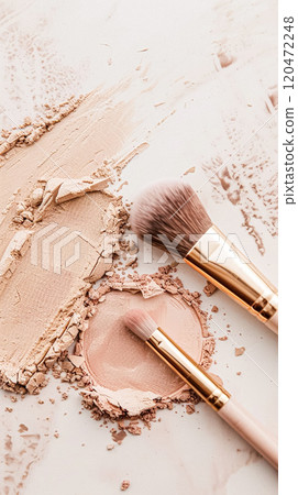 Make-up cosmetic product, beauty products and cosmetics swatch sample flatlay, various makeup brand tools as glamour fashion night out background idea 120472248