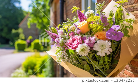 Flower shop delivery and holiday gift postal service, beautiful bouquet of flowers on a house doorstep in the countryside, post-processed, generative ai 120472255