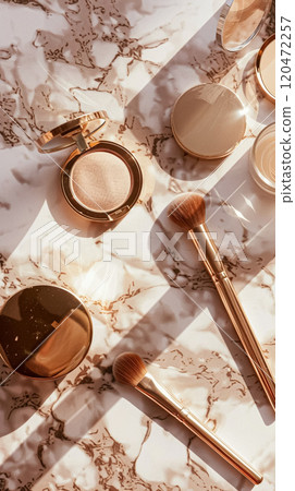 Make-up cosmetic product, beauty products and cosmetics swatch sample flatlay, various makeup brand tools as glamour fashion night out background idea 120472257