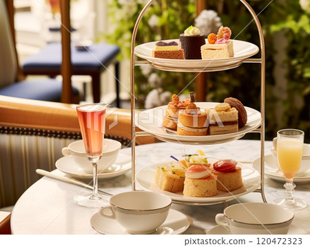 Afternoon tea in the restaurant garden, English tradition and luxury service, tea cups, cakes, scones, sanwiches and desserts, holiday table decor and afternoon tea stand, post-processed, generative Afternoon tea in the restaurant garden, English tradition and luxury service, tea cups, cakes, scones, sanwiches and desserts, holiday table decor and afternoon tea stand, post-processed, generative 120472323