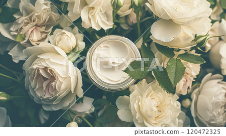 Face cream moisturiser as skincare and bodycare product with flowers background, spa and organic beauty cosmetics for natural skin care routine 120472325