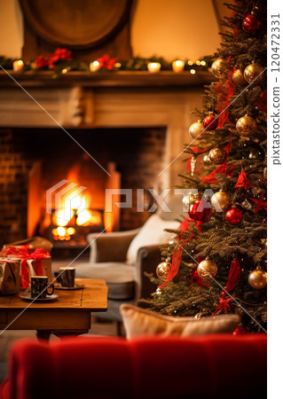 Christmas, holiday decor and country cottage style, cosy atmosphere, decorated Christmas tree in the English countryside house living room with fireplace, interior decoration idea 120472331
