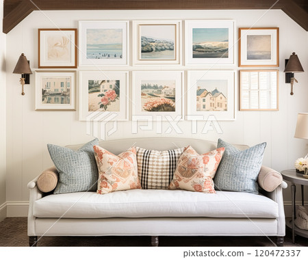Living room gallery wall, home decor and wall art, framed art in the English country cottage interior, room for diy printable artwork mockup and print shop idea 120472337