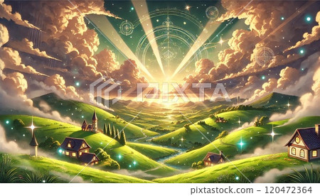 一片充滿魔法的夢幻草地、青山景觀和閃閃發光的村莊。 120472364