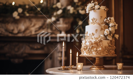 Wedding cake design, autumnal dessert styling and holiday decoration, multi-tier cake for an autumn event venue, food catering service and elegant country decor, cottage style inspiration 120472374