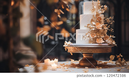 Wedding cake design, autumnal dessert styling and holiday decoration, multi-tier cake for an autumn event venue, food catering service and elegant country decor, cottage style inspiration 120472386