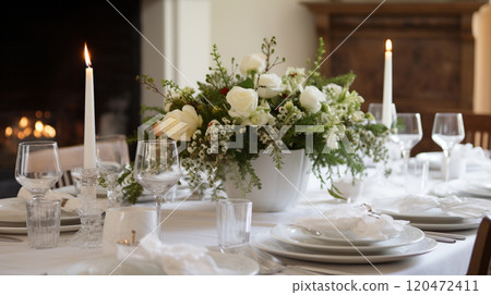 Christmas table decor, holiday tablescape and dinner table setting, formal event decoration for New Year, family celebration, English country and home styling inspiration 120472411
