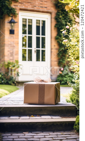 Elegant gift shop delivery, postal service and luxury online shopping, parcel box with a bow on a house doorstep in the countryside, post-processed, generative ai 120472421