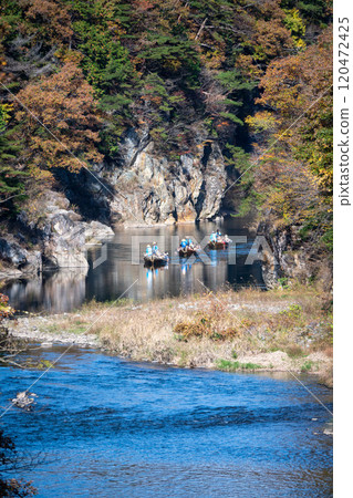 Kinugawa Line Boat Ride through the autumn leaves at Kinugawa Onsen 120472425