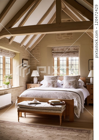 Antique cottage bedroom decor, interior design and holiday rental, bed with elegant bedding and furniture, English country house style, post-processed, generative ai Antique cottage bedroom decor, interior design and holiday rental, bed with elegant bedding and furniture, English country house style, post-processed, generative ai 120472429
