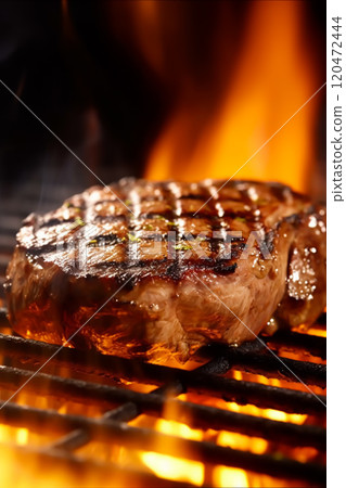 Meat beef steak grilled on fire, food bbq and hot grill, post-processed, generative ai Meat beef steak grilled on fire, food bbq and hot grill, post-processed, generative ai 120472444