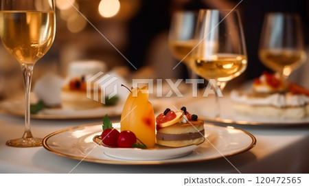 Luxury food service, appetisers and desserts served at a restaurant or formal dinner event in classic English style in the luxurious hotel or country estate, post-processed, generative ai Luxury food service, appetisers and desserts served at a restaurant or formal dinner event in classic English style in the luxurious hotel or country estate, post-processed, generative ai 120472565