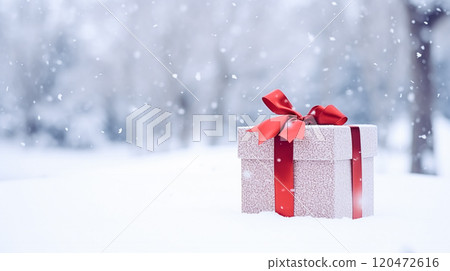 Christmas holiday gift and present, gift box in the snow in snowfall winter countryside nature for boxing day, holidays shopping sale idea 120472616