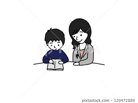 A boy studying and a female instructor watching over him A boy studying and a female instructor watching over him 120472889