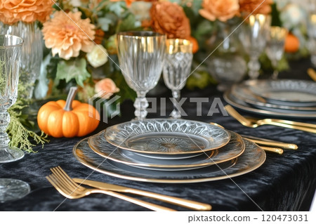 A table with a black tablecloth and a pumpkin on it 120473031