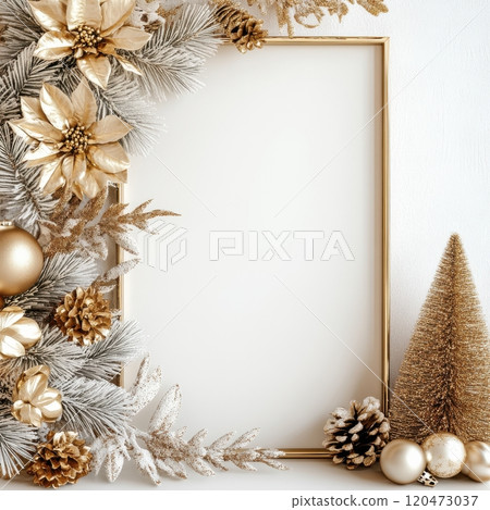 A gold frame with a white background and a gold and white floral border 120473037