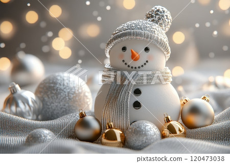 A snowman with a hat and scarf is surrounded by a bunch of Christmas ornaments 120473038