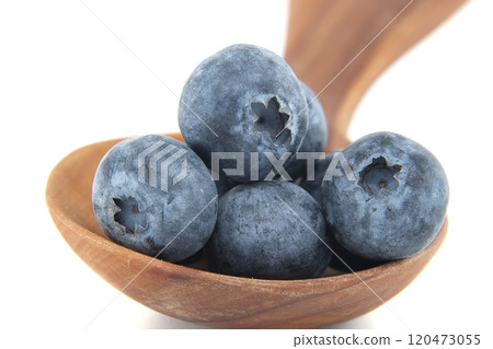 Close-Up of Fresh Blueberries in a Wooden Spoon Isolated on White Background Close-Up of Fresh Blueberries in a Wooden Spoon Isolated on White Background 120473055