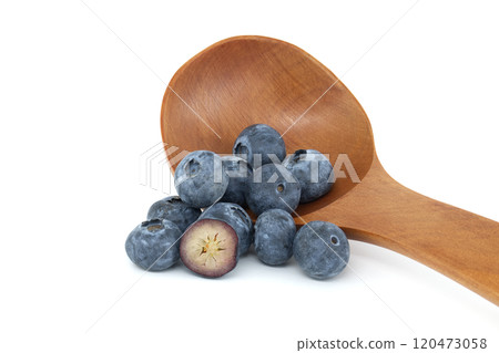 Fresh Blueberries in a Wooden Spoon Isolated on White Background 120473058