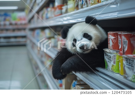 A baby panda is sleeping in a grocery store A baby panda is sleeping in a grocery store 120473105