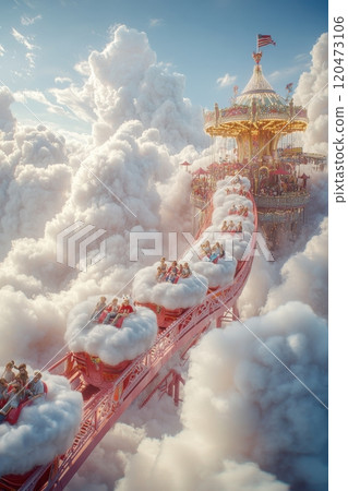A group of people ride a roller coaster through a cloud of cotton 120473106
