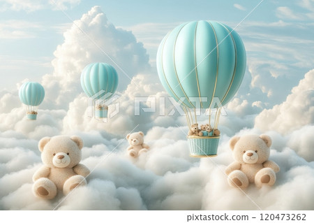 A group of teddy bears are flying in the sky in a blue hot air balloon 120473262