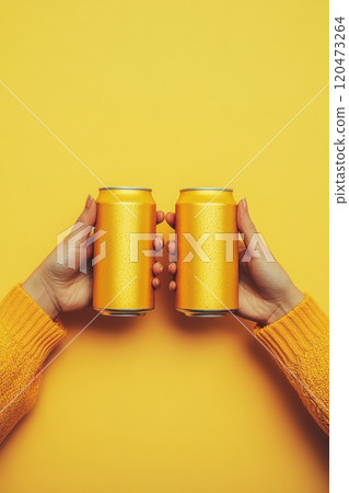 Two people holding up two yellow cans of beer 120473264