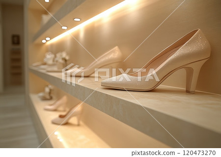 A pair of white shoes with glitter on the toe sits on a shelf in a store 120473270