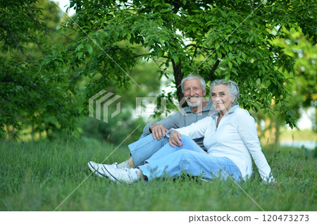 Portrait of senior couple sitting on the grass in the park Portrait of senior couple sitting on the grass in the park 120473273