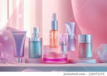 A display of cosmetics with a pink background 120473274