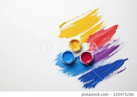 A painting with three different colored paint tubes and a brush 120473286