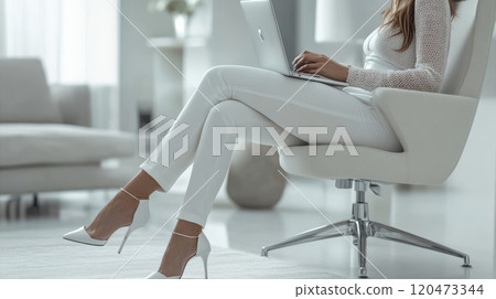A woman is sitting in a chair with her laptop on her lap 120473344