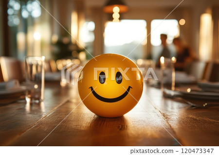 A yellow smiley face is sitting on a wooden table A yellow smiley face is sitting on a wooden table 120473347