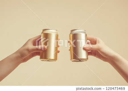 Two people are holding up two cans of beer Two people are holding up two cans of beer 120473469
