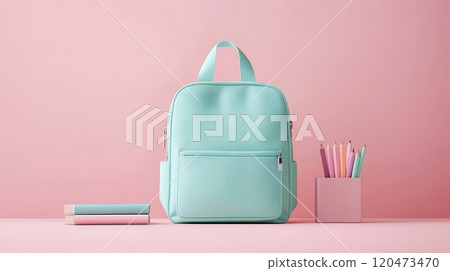 A green backpack sits on a pink background with a pencil case and a few pencils 120473470