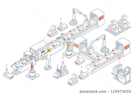 Smart robots and autonomous guided vehicles (AGVs) are transforming warehouse operations through automated material handling. Vector illustration eps10 120473659