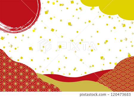 Japanese-style banner with gold leaf and Japanese patterns / New Year's card background / red and white background 120473683
