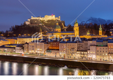Night View of Salzburg with Hohensalzburg Fortress, Austria Night View of Salzburg with Hohensalzburg Fortress, Austria 120473783