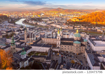 Aerial view of Salzburg Old Town at sunset, Austria Aerial view of Salzburg Old Town at sunset, Austria 120473796