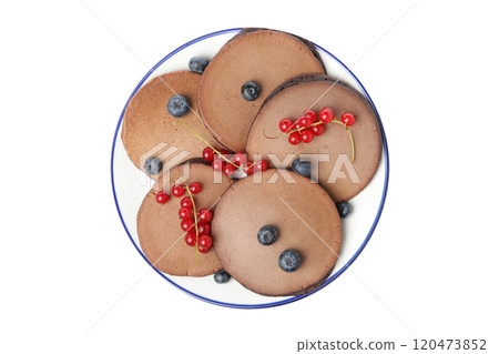 PNG, Chocolate pancakes with berries on plate, isolated on white background, top view 120473852