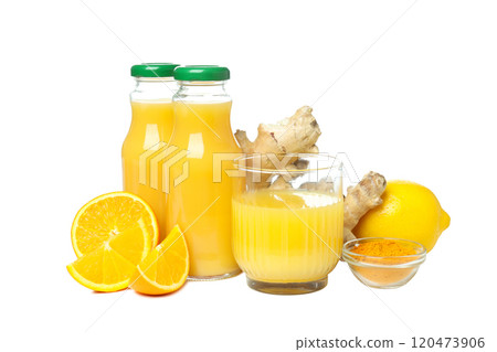 PNG, Glass and bottles with juice and ingredients, isolated on white background 120473906