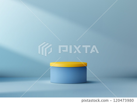 3D Blue Cylindrical Podium with Yellow Top and Sunbeam Shadow for Product Display and Mockup 120473980