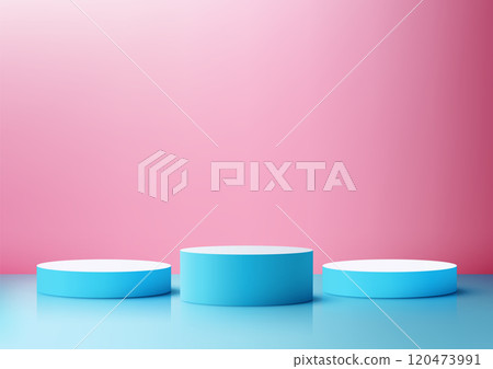 3D Blue Cylindrical Podium on Minimalist Pink and Blue Background for Modern Product Display Mockups 120473991