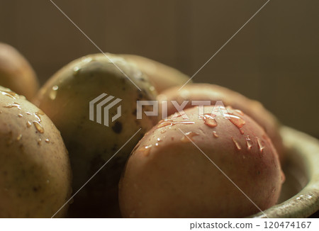 Freshly washed mangoes on bowl with copy space, Concept of fresh mangoes in a basket with water splash, Ripe mangoes with water drops on bowl Freshly washed mangoes on bowl with copy space, Concept of fresh mangoes in a basket with water splash, Ripe mangoes with water drops on bowl 120474167