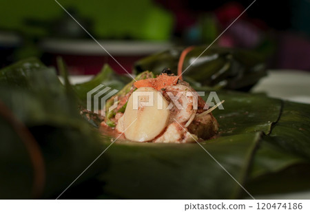 Nacatamal ingredients on banana leaves, Closeup of raw ingredients for the elaboration of a Nicaraguan nacatamal. Preparation of the traditional Nacatamal on banana leaves Nacatamal ingredients on banana leaves, Closeup of raw ingredients for the elaboration of a Nicaraguan nacatamal. Preparation of the traditional Nacatamal on banana leaves 120474186