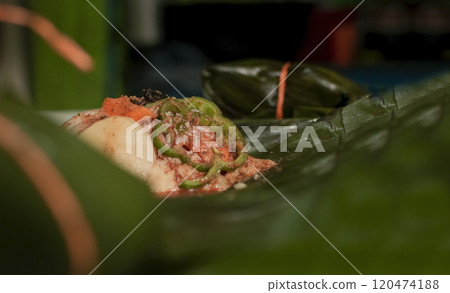 Nacatamal ingredients on banana leaves, View of raw ingredients for the elaboration of a Nicaraguan nacatamal. Preparation of the traditional Nacatamal on banana leaves Nacatamal ingredients on banana leaves, View of raw ingredients for the elaboration of a Nicaraguan nacatamal. Preparation of the traditional Nacatamal on banana leaves 120474188