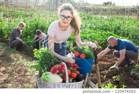Girl posing in garden with harvested vegetables 120474263