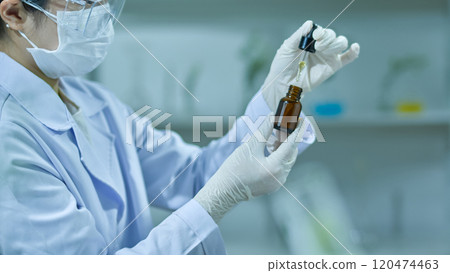 An close up view of the researcher observing as they open the dripping cap of the brown container with the tea tree oil. An template photo of a melaleuca experiment in a modern lab. 120474463